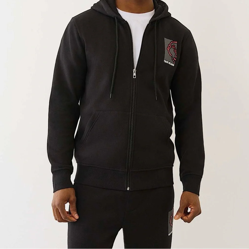 NWT True Religion Full Zip Buddha Hoodie Size M Logo Jet Black MSRP $119